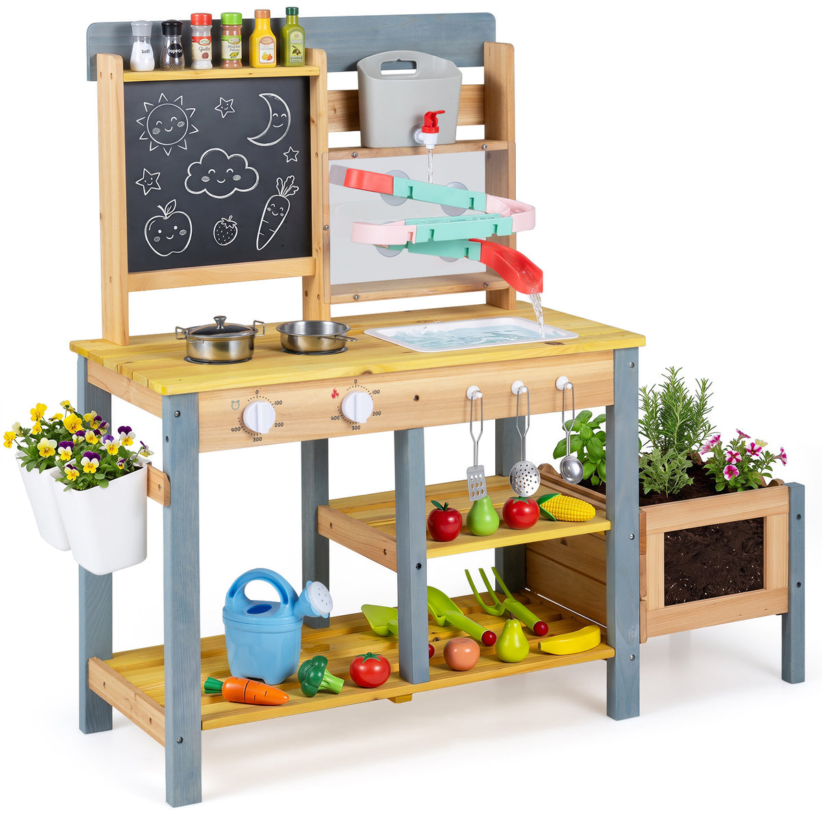 Mud Kitchen, Fir Wood Kids Play Kitchen Set with Water Flow Track, Faucet