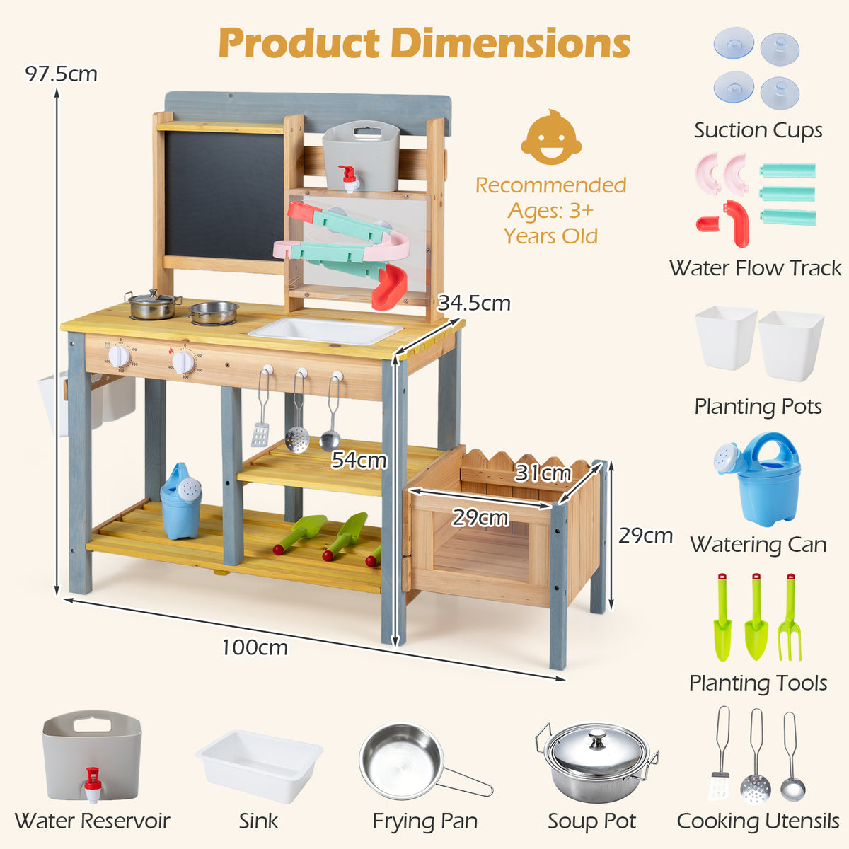 Mud Kitchen, Fir Wood Kids Play Kitchen Set with Water Flow Track, Faucet