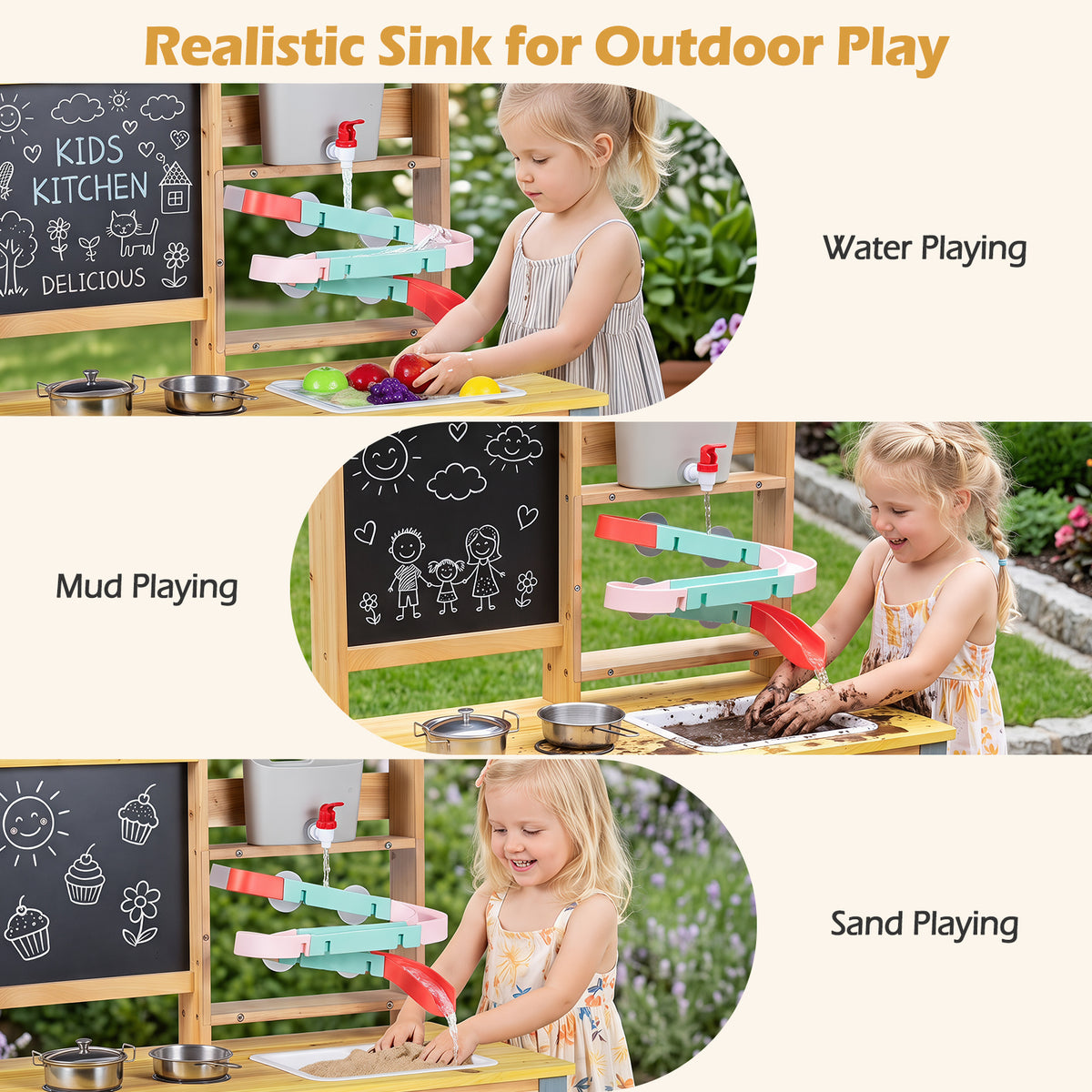 Mud Kitchen, Fir Wood Kids Play Kitchen Set with Water Flow Track, Faucet