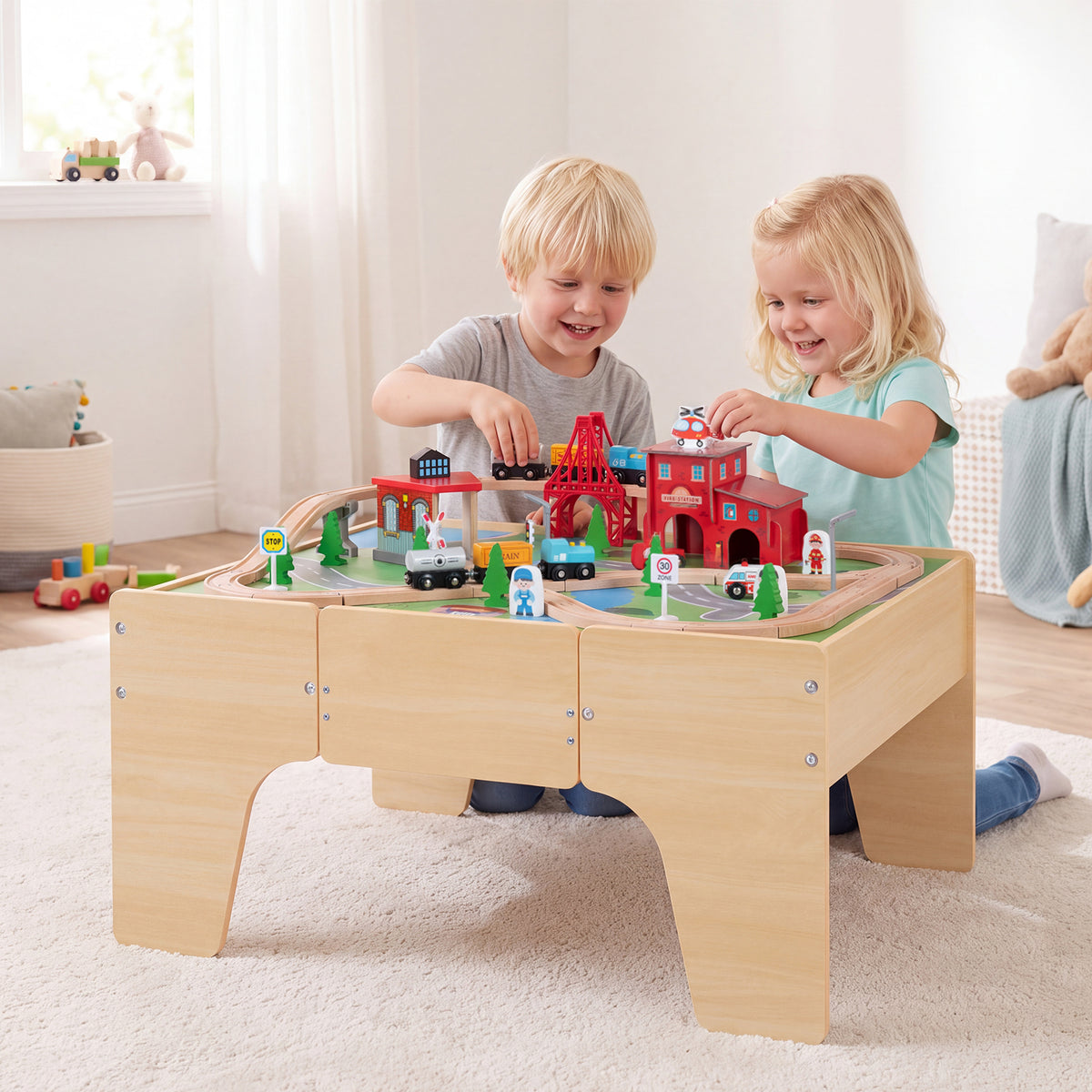 63-Piece Kids Wooden Train Table with Storage Drawer for Game Room