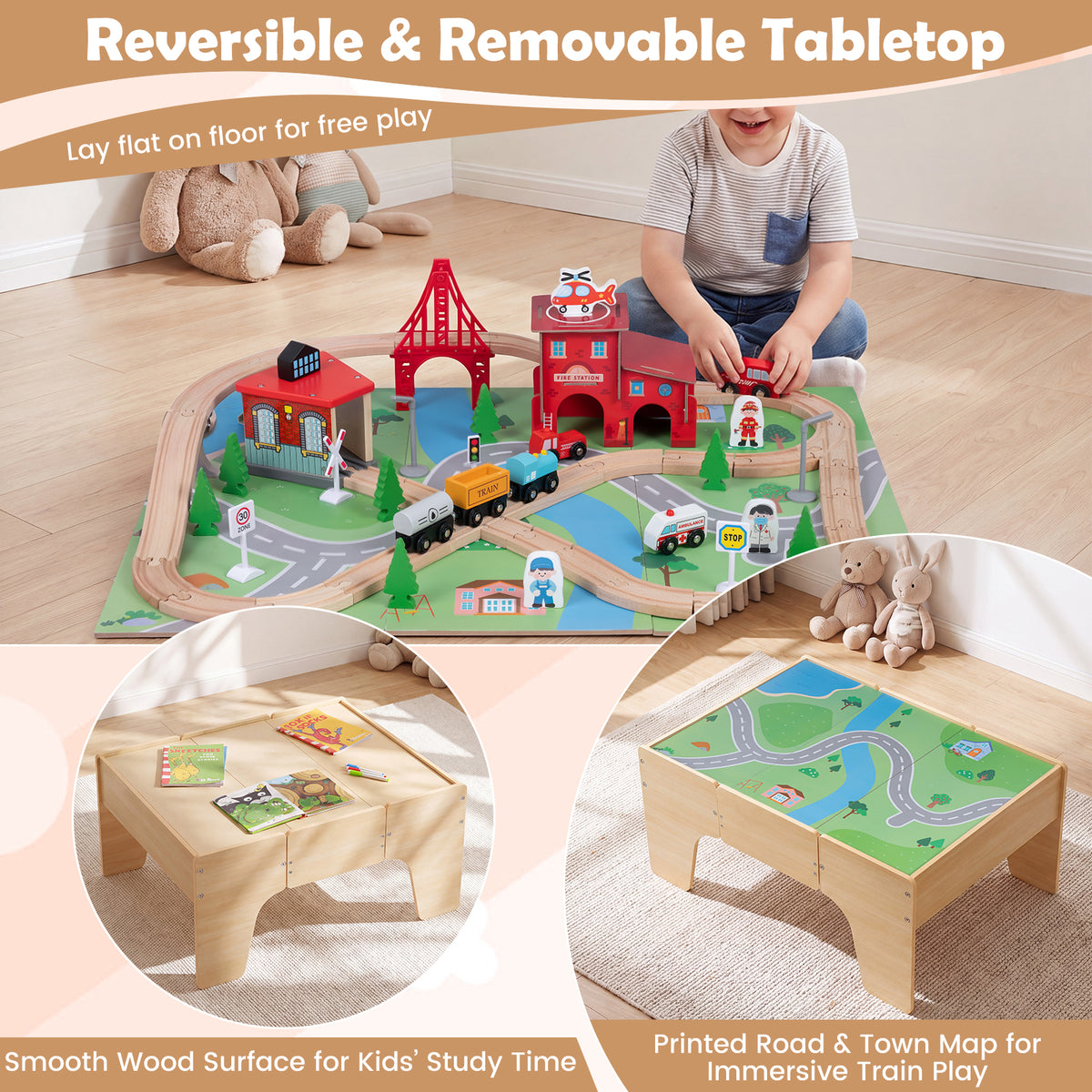 63-Piece Kids Wooden Train Table with Storage Drawer for Game Room