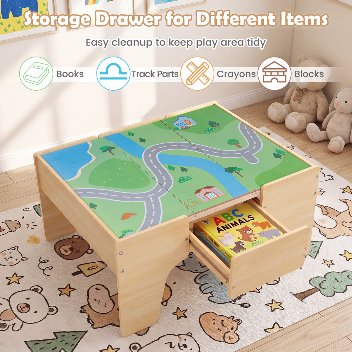 63-Piece Kids Wooden Train Table with Storage Drawer for Game Room