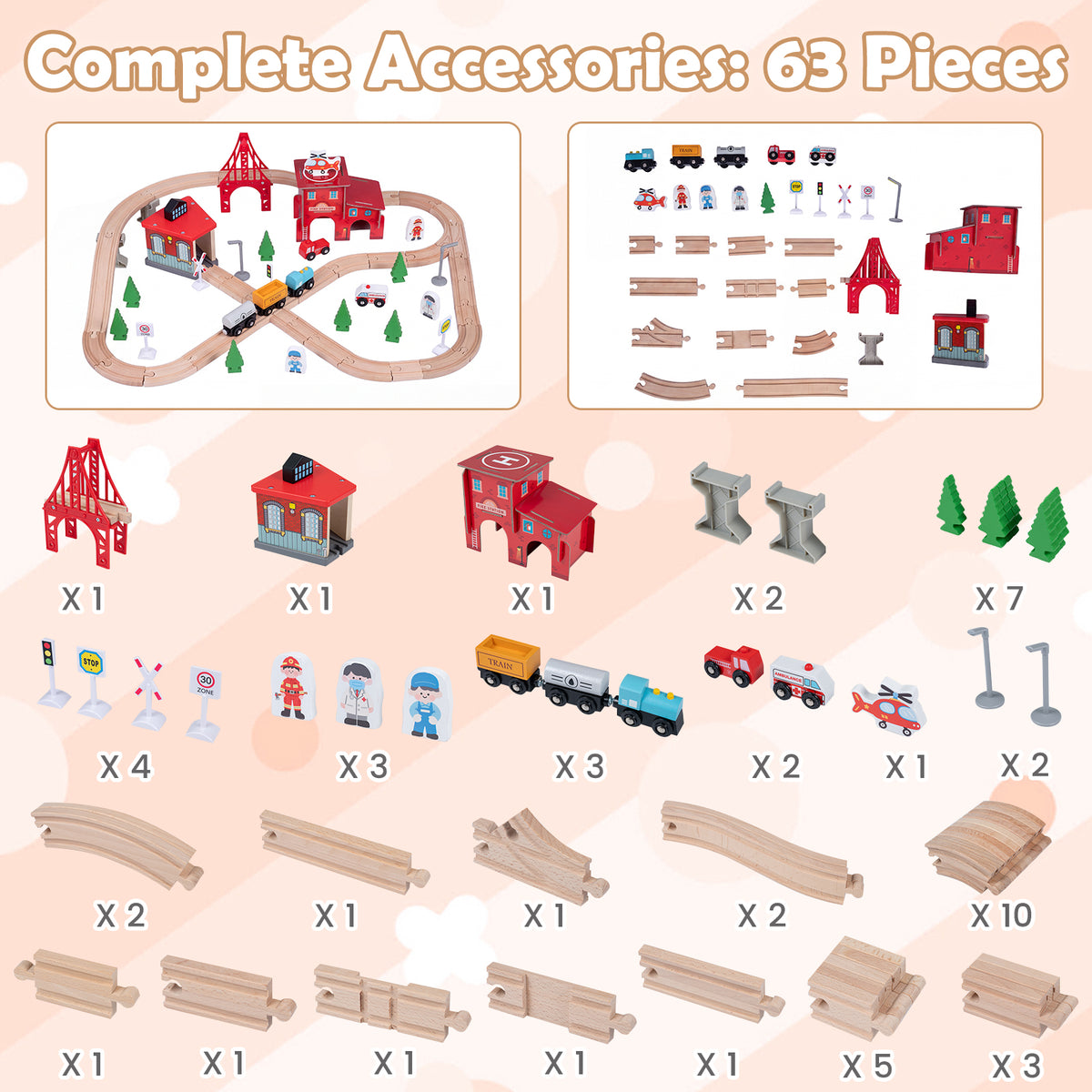63-Piece Kids Wooden Train Table with Storage Drawer for Game Room
