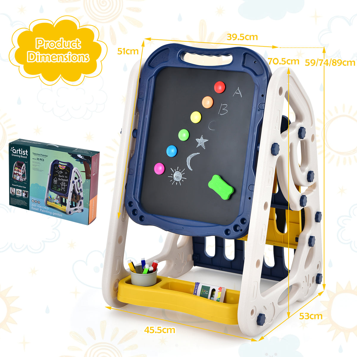 3 in 1 Kids Art Easel, Double Sided Whiteboard & Chalkboard
