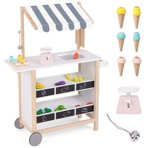 Kids Pretend Play Grocery Store, Wooden Ice Cream Cart Toy Set