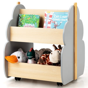 Kids Wooden Bookshelf with Universal Wheels and 2-Tier Storage Shelf