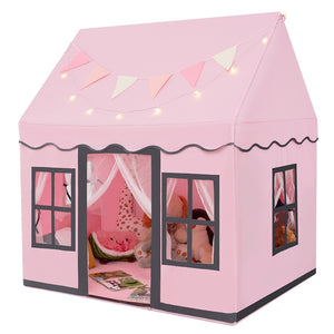 Kids Play Tent, Large Playhouse w/Star String Lights & Flag Banner, Washable Anti-Slip Coral Velvet Mat