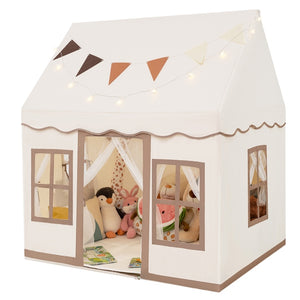 Kids Play Tent, Large Playhouse w/Star String Lights & Flag Banner, Washable Anti-Slip Coral Velvet Mat