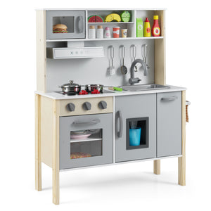 Kids Kitchen Playset, Wooden Pretend Play Kitchen w/Microwave, Range Hood