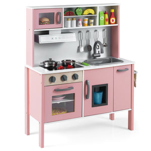 Kids Kitchen Playset, Wooden Pretend Play Kitchen w/Microwave, Range Hood