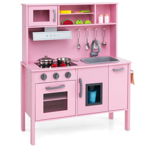 Kids Kitchen Playset, Wooden Pretend Play Kitchen w/Microwave, Range Hood