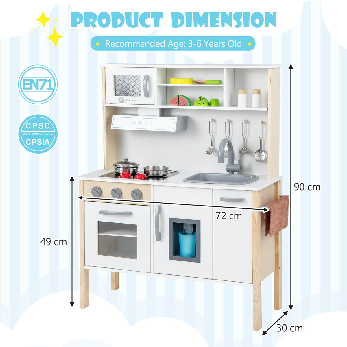 Kids Kitchen Playset, Wooden Pretend Play Kitchen w/Microwave, Range Hood