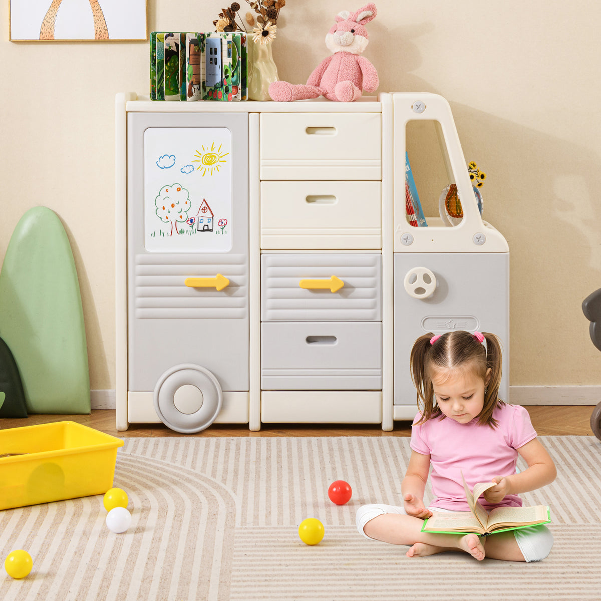Bus-shaped Children Cabinet w/ 4 Pull-out Drawers with Handles