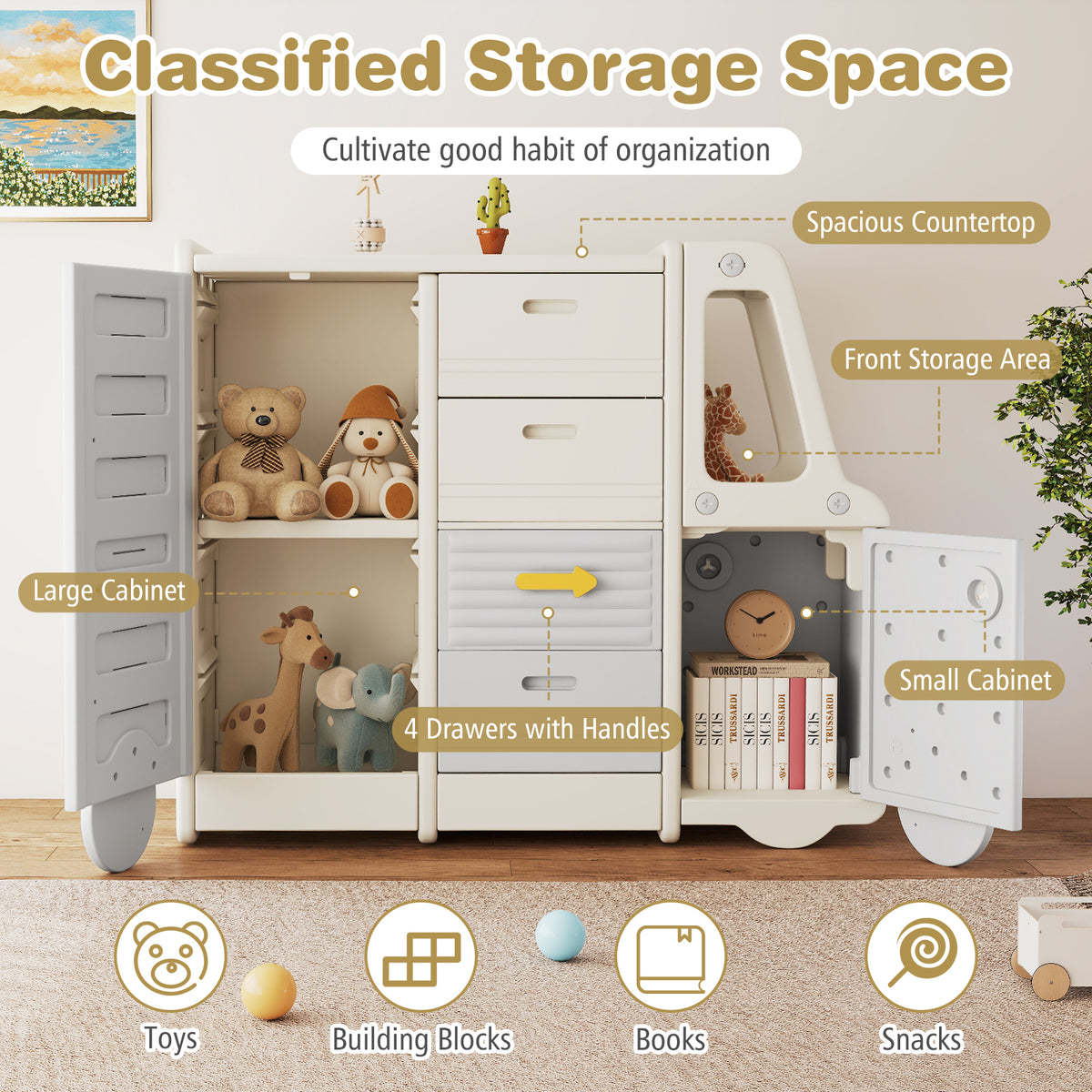 Bus-shaped Children Cabinet w/ 4 Pull-out Drawers with Handles