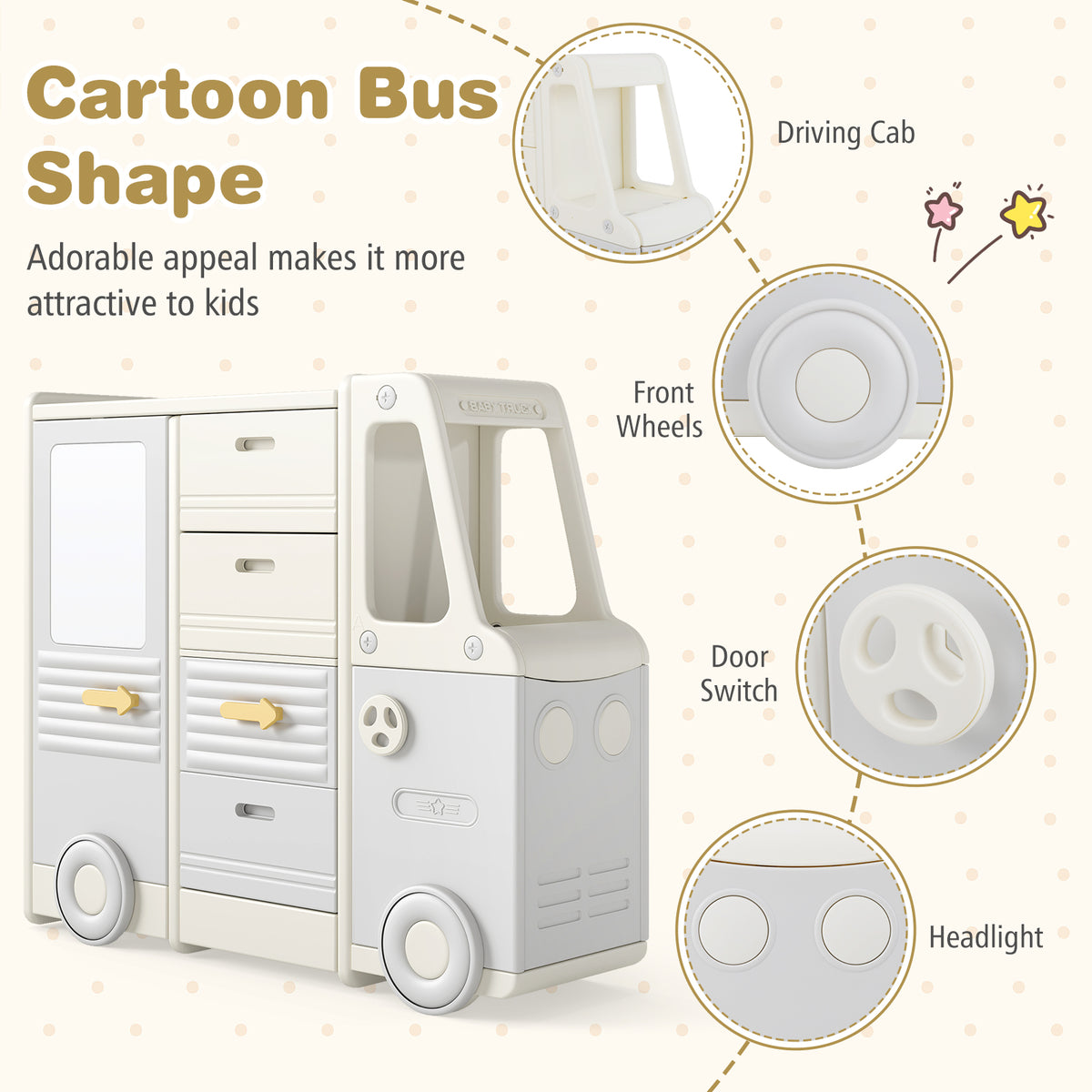 Bus-shaped Children Cabinet w/ 4 Pull-out Drawers with Handles