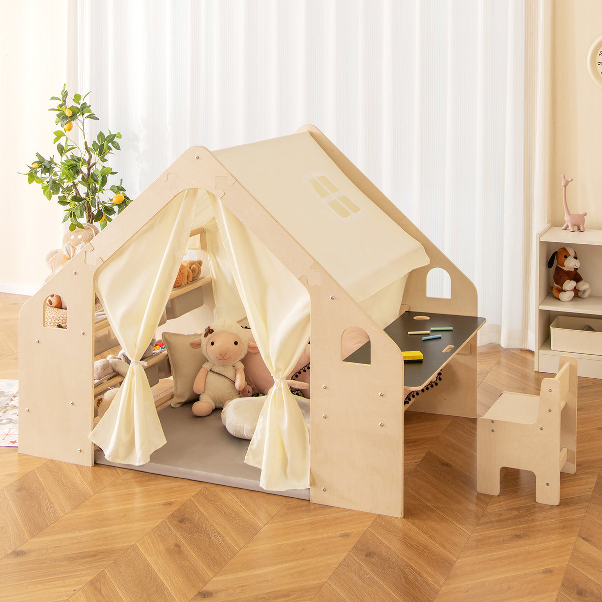 6-in-1 Kids Playhouse Wooden Indoor Play Tent w/ Blackboard