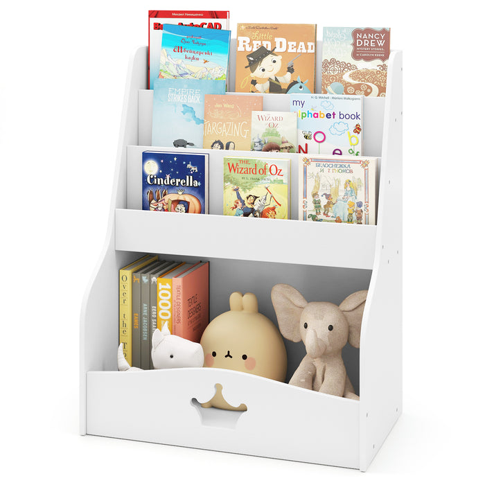 Kids Bookshelf, 4-Tier Wooden Toy Storage Organizer w/ Shelves & Compartment