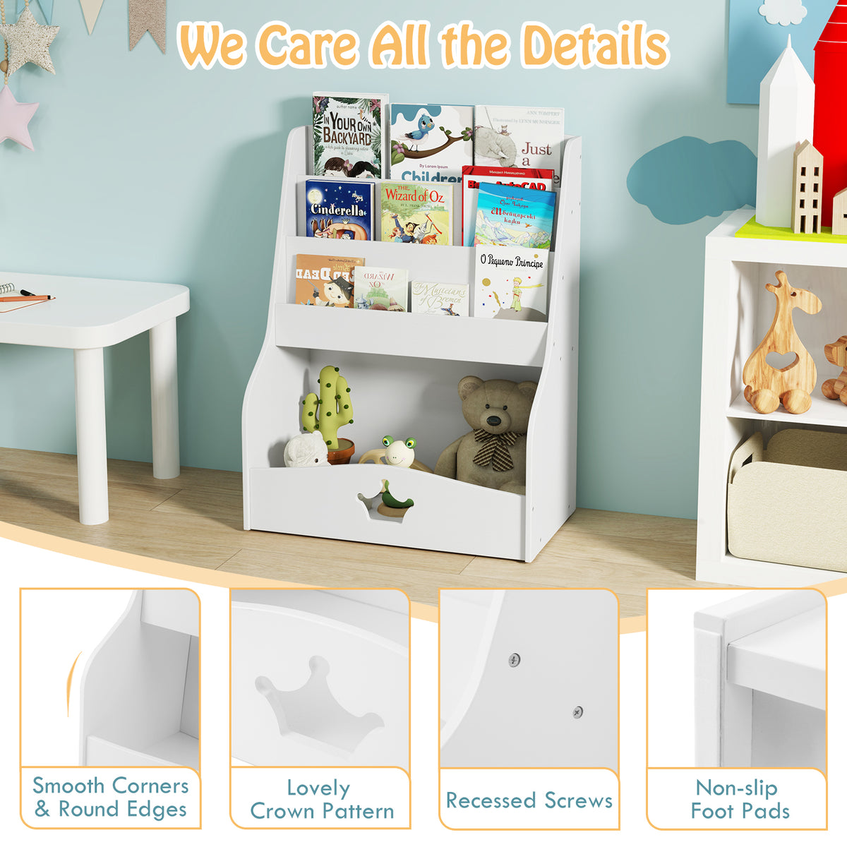 Kids Bookshelf, 4-Tier Wooden Toy Storage Organizer w/ Shelves & Compartment
