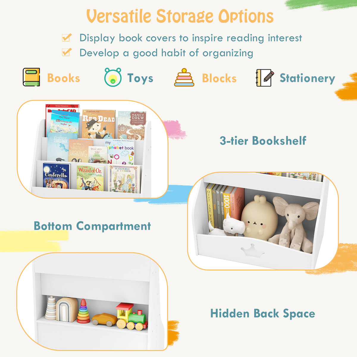 Kids Bookshelf, 4-Tier Wooden Toy Storage Organizer w/ Shelves & Compartment