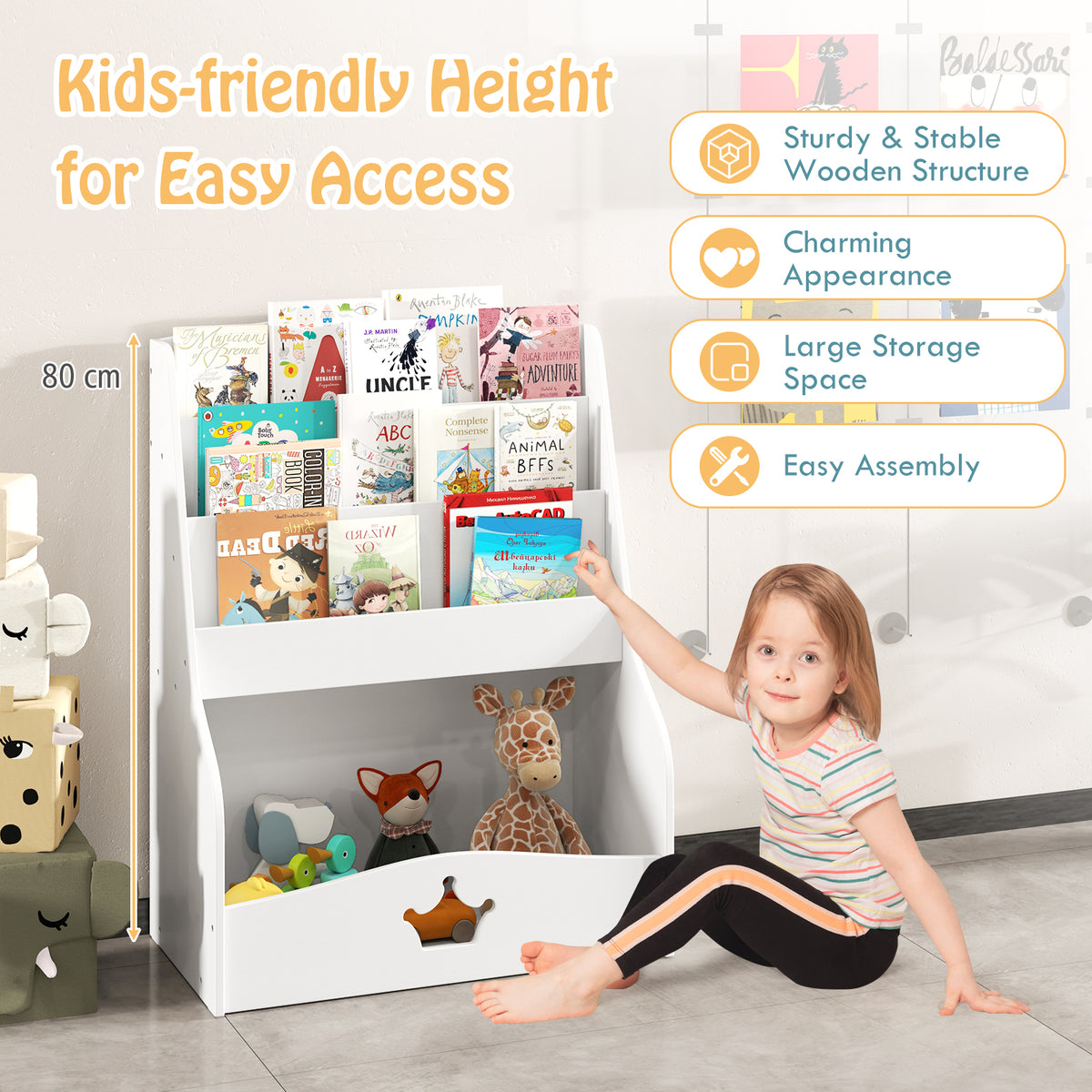 Kids Bookshelf, 4-Tier Wooden Toy Storage Organizer w/ Shelves & Compartment
