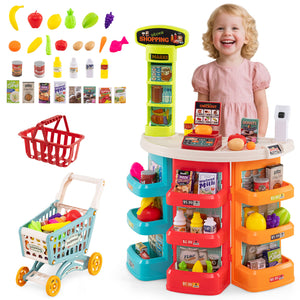 76PCS Supermarket Playset, Kids Pretend Play Grocery Store Set with Shopping Cart