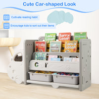 Kids Toy Storage and Bookshelf, Car Themed Toy Storage Shelf w/ 3-Tier Bookcase