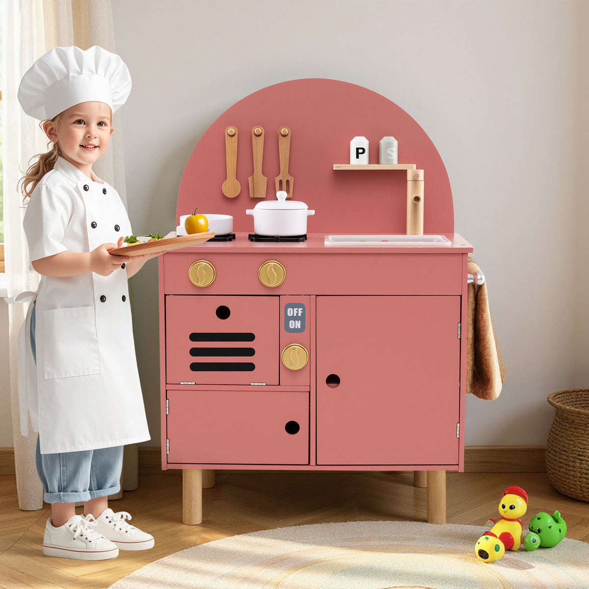Play Kitchen for Kids, Wooden Kitchen Playset with Stoves, Faucet, Sink, Microwave & Oven