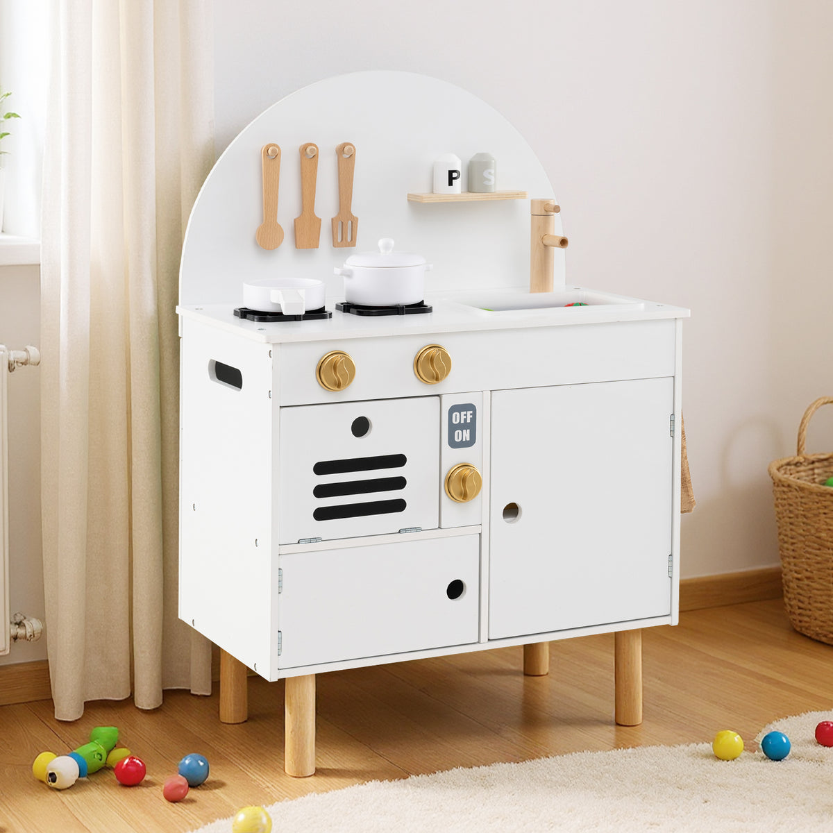Play Kitchen for Kids, Wooden Kitchen Playset with Stoves, Faucet, Sink, Microwave & Oven