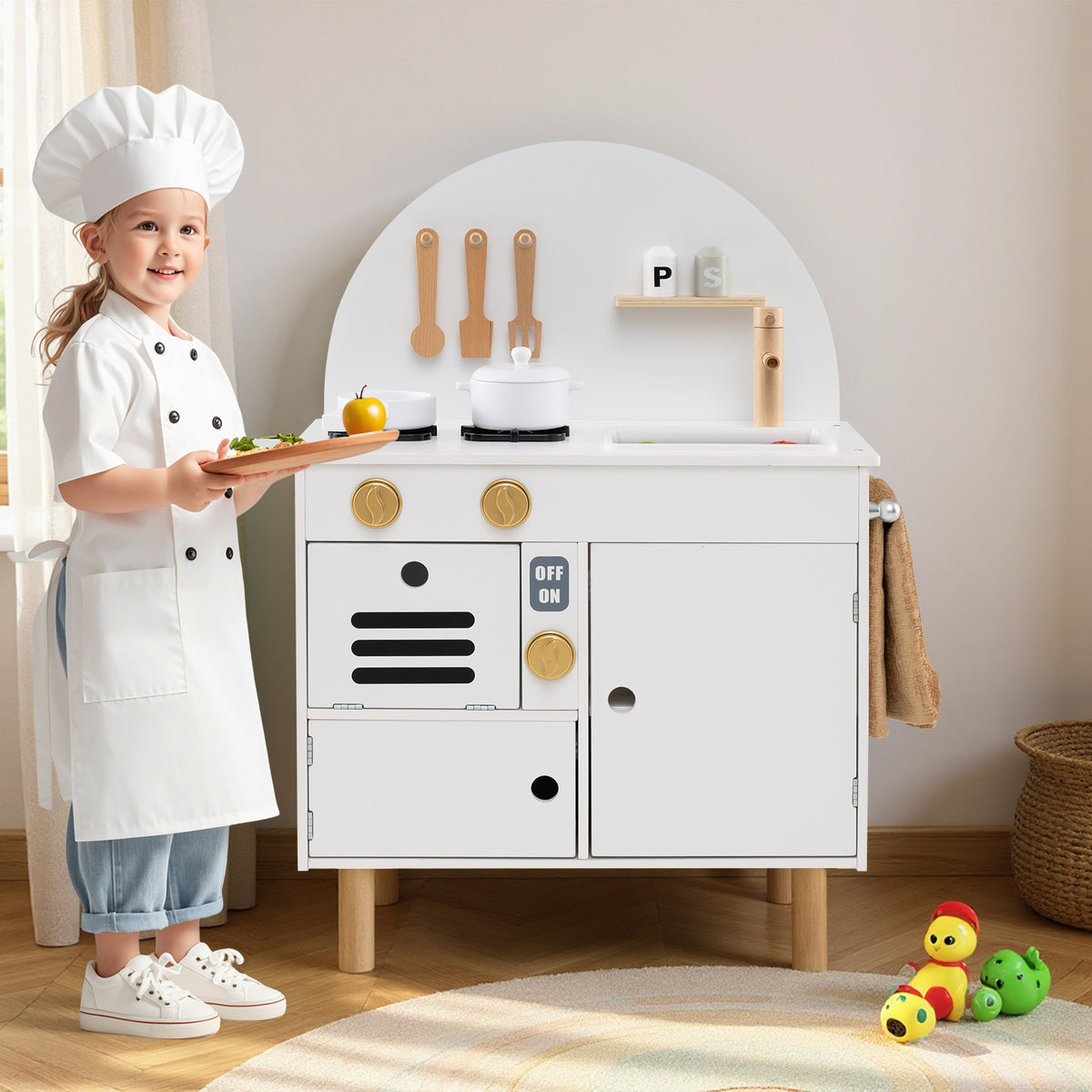 Play Kitchen for Kids, Wooden Kitchen Playset with Stoves, Faucet, Sink, Microwave & Oven