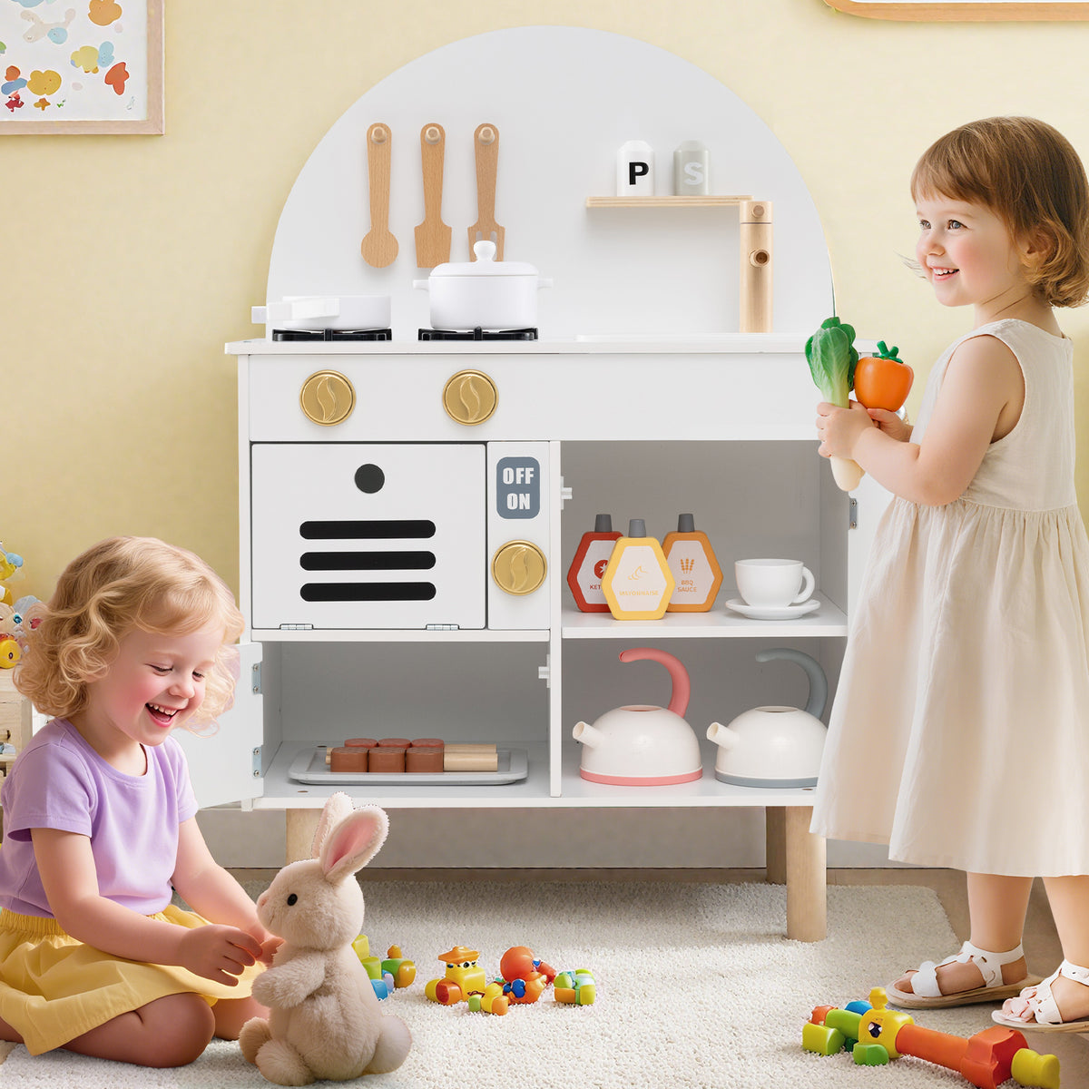 Play Kitchen for Kids, Wooden Kitchen Playset with Stoves, Faucet, Sink, Microwave & Oven