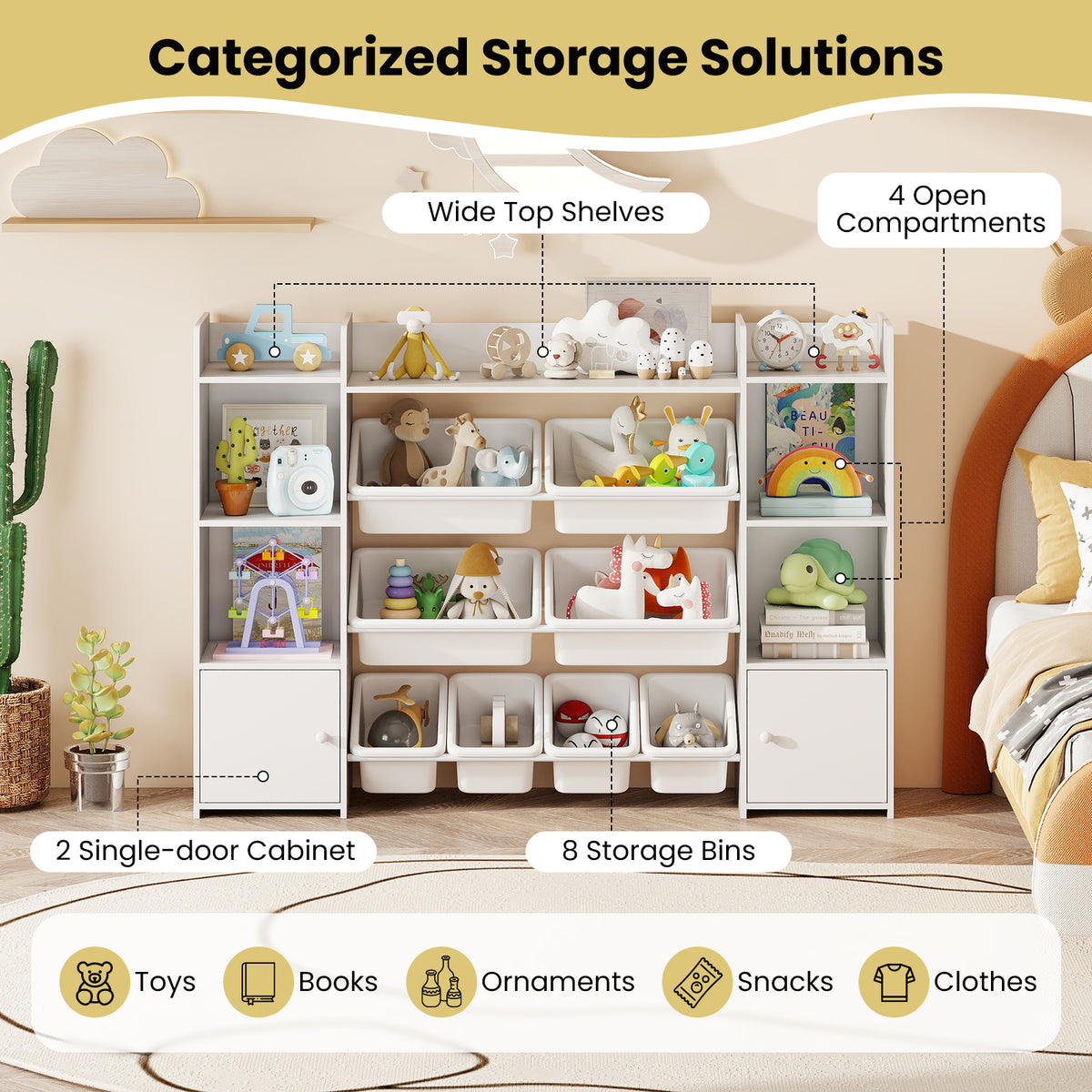 Kids Toy Storage Organizer Shelf, 4-Tier Large Storage Cabinet with 6 Cubbies & 8 Removable Bins