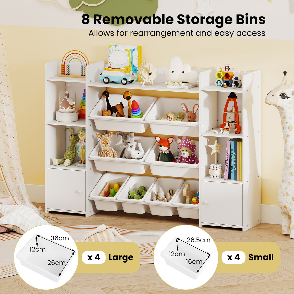 Kids Toy Storage Organizer Shelf, 4-Tier Large Storage Cabinet with 6 Cubbies & 8 Removable Bins