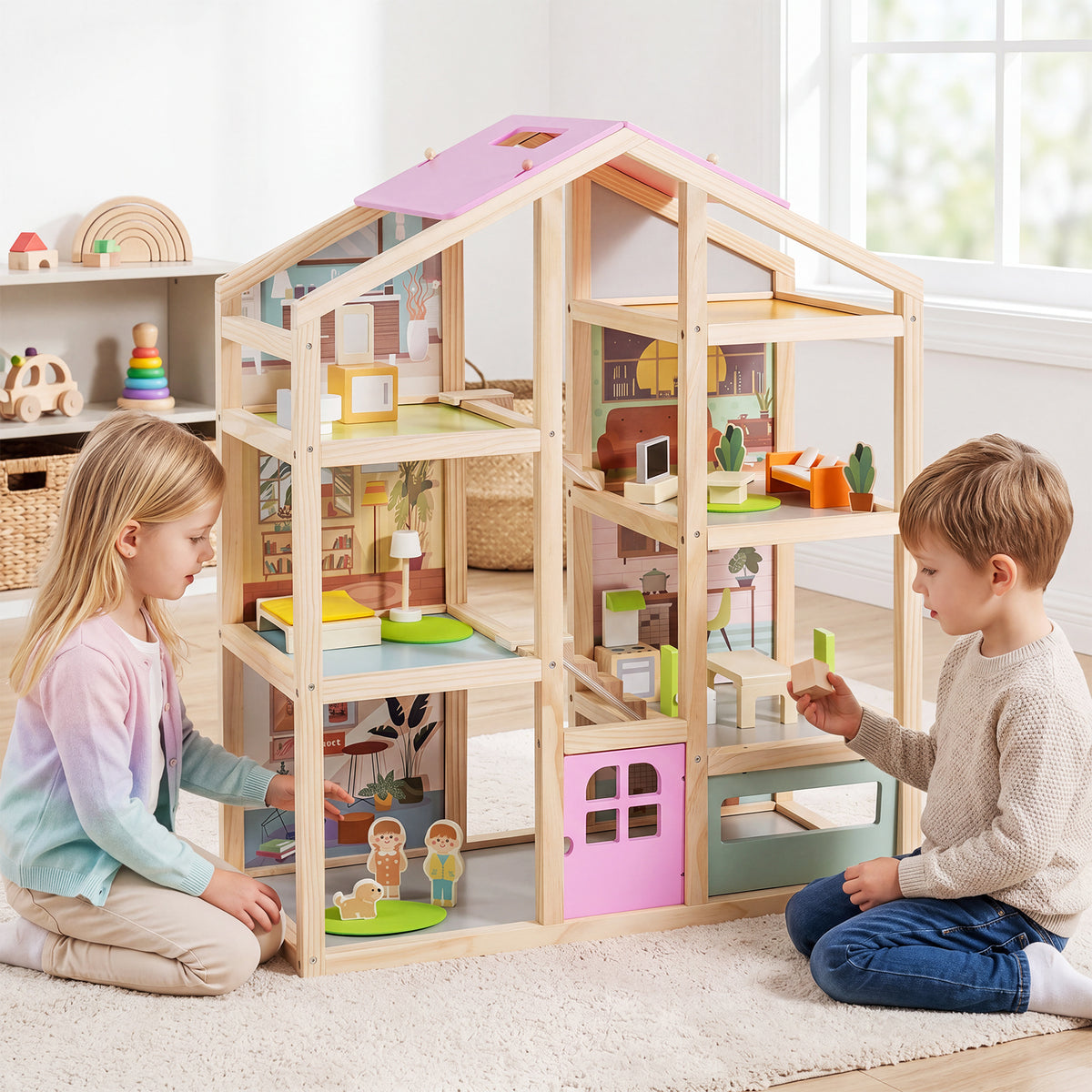 Wooden Dollhouse for Kids, Modern Family Pretend Playhouse w/Furniture Pieces & Figures