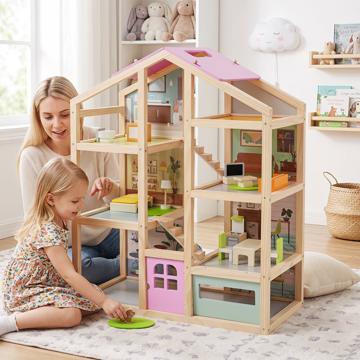 Wooden Dollhouse for Kids, Modern Family Pretend Playhouse w/Furniture Pieces & Figures