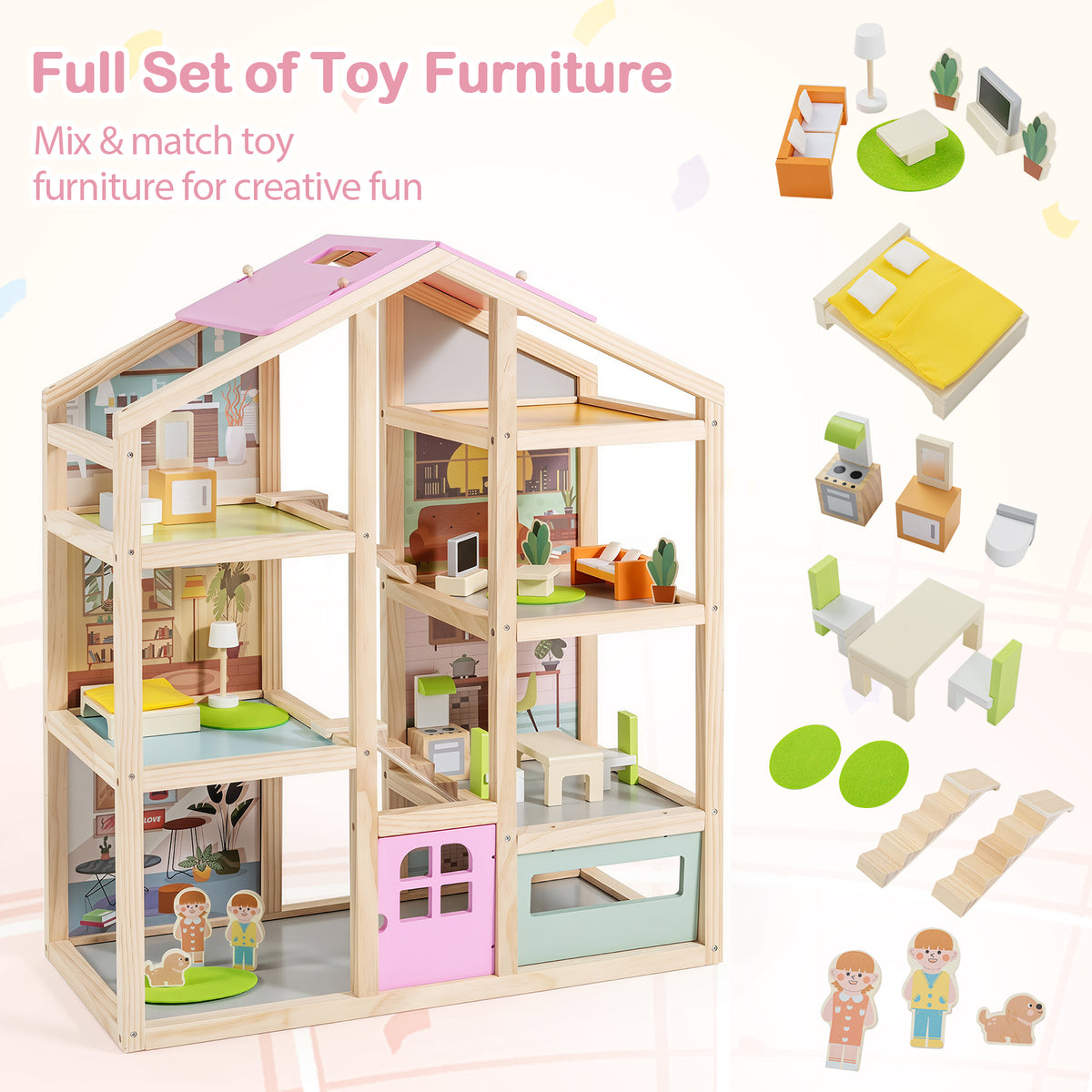 Wooden Dollhouse for Kids, Modern Family Pretend Playhouse w/Furniture Pieces & Figures