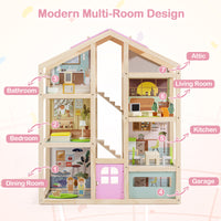 Wooden Dollhouse for Kids, Modern Family Pretend Playhouse w/Furniture Pieces & Figures
