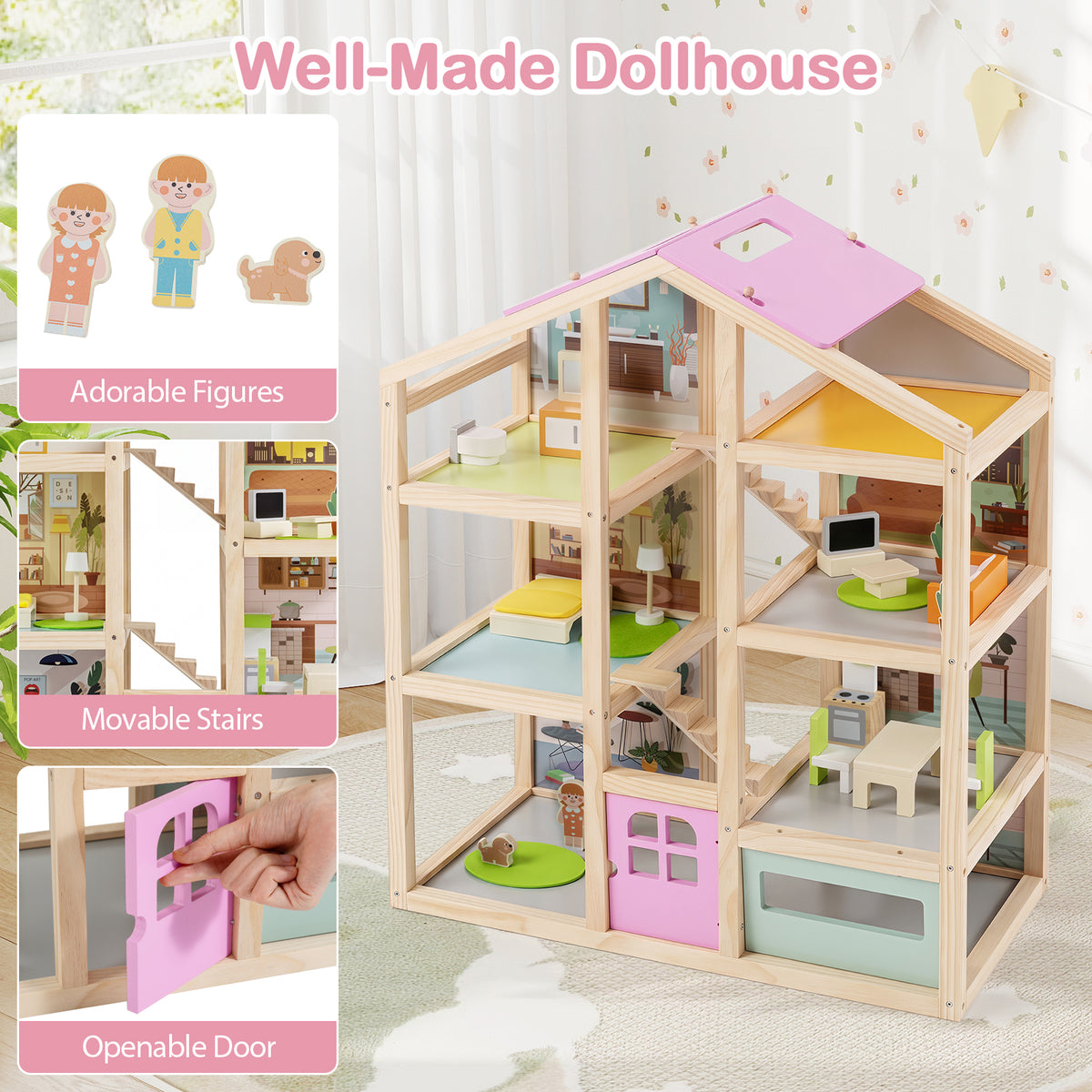 Wooden Dollhouse for Kids, Modern Family Pretend Playhouse w/Furniture Pieces & Figures