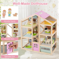 Wooden Dollhouse for Kids, Modern Family Pretend Playhouse w/Furniture Pieces & Figures