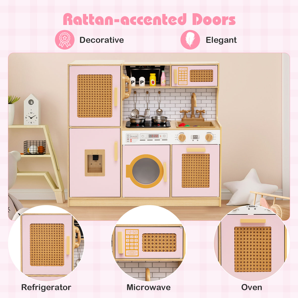 Wooden Kids Kitchen Playset, Pretend Play Kitchen w/ Real Sounds Lights