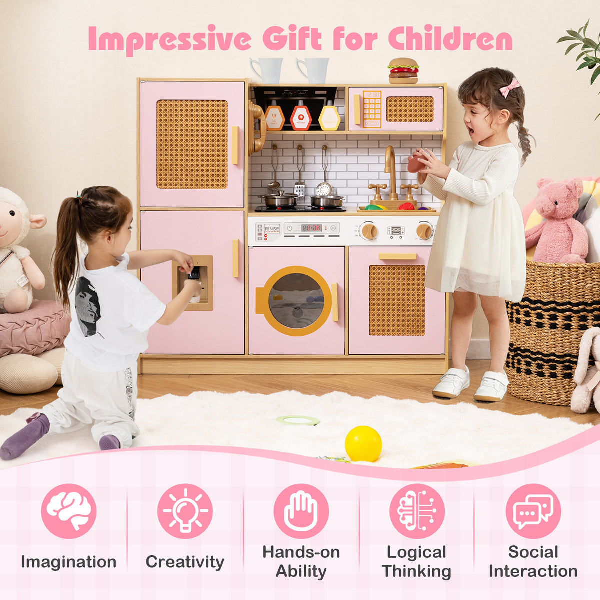 Wooden Kids Kitchen Playset, Pretend Play Kitchen w/ Real Sounds Lights
