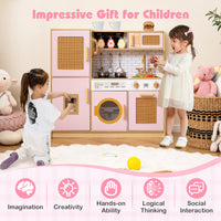 Wooden Kids Kitchen Playset, Pretend Play Kitchen w/ Real Sounds Lights
