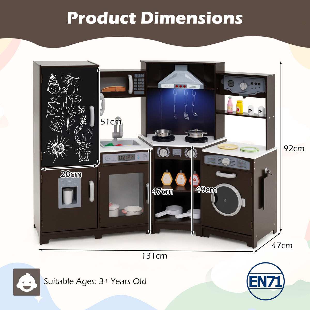Corner Wooden Play Kitchen with Lights & Sounds, Large Pretend Play Kitchen Set with Blackboard