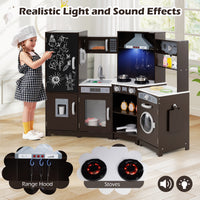 Corner Wooden Play Kitchen with Lights & Sounds, Large Pretend Play Kitchen Set with Blackboard