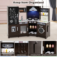 Corner Wooden Play Kitchen with Lights & Sounds, Large Pretend Play Kitchen Set with Blackboard