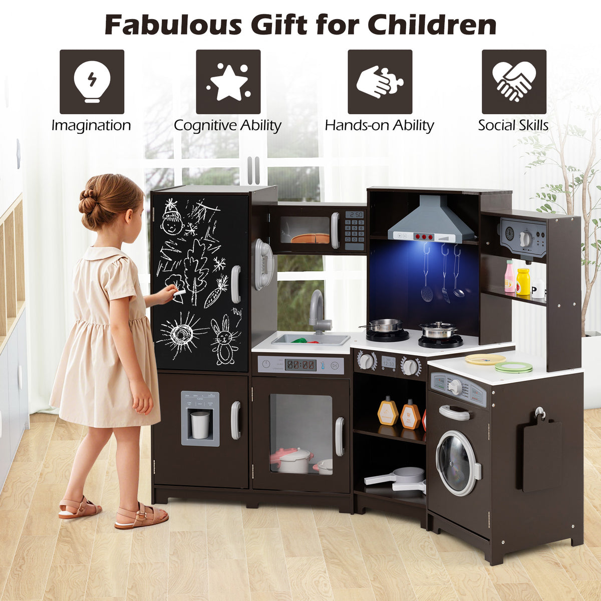 Corner Wooden Play Kitchen with Lights & Sounds, Large Pretend Play Kitchen Set with Blackboard