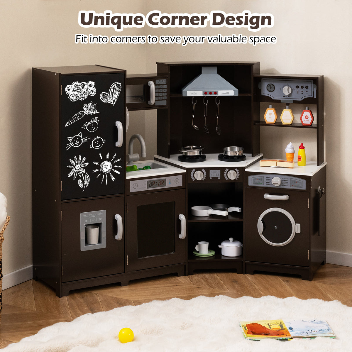 Corner Wooden Play Kitchen with Lights & Sounds, Large Pretend Play Kitchen Set with Blackboard