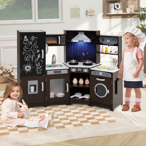 Corner Wooden Play Kitchen with Lights & Sounds, Large Pretend Play Kitchen Set with Blackboard