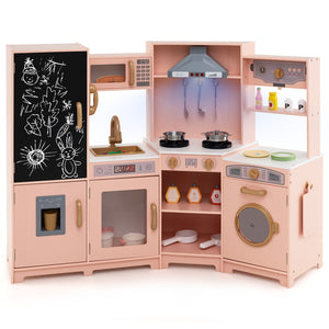 Corner Wooden Play Kitchen with Lights & Sounds, Large Pretend Play Kitchen Set with Blackboard