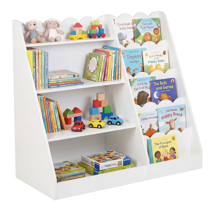 5-Tier Scalloped Shelves, Deep Compartments, Wooden Book