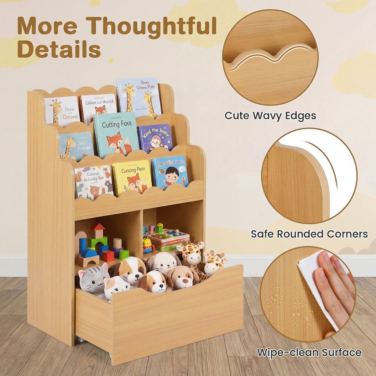 Toy Storage Organizer w/Shelves & Rolling Drawer, Toddler Book Storage Chest